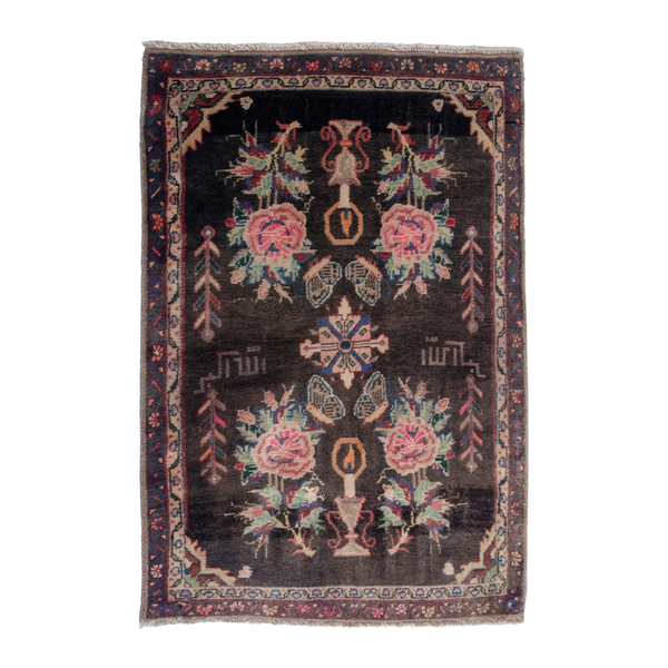 Persian Hamadan accent rug in charcoal and rose, 2'4" x 3'7"
