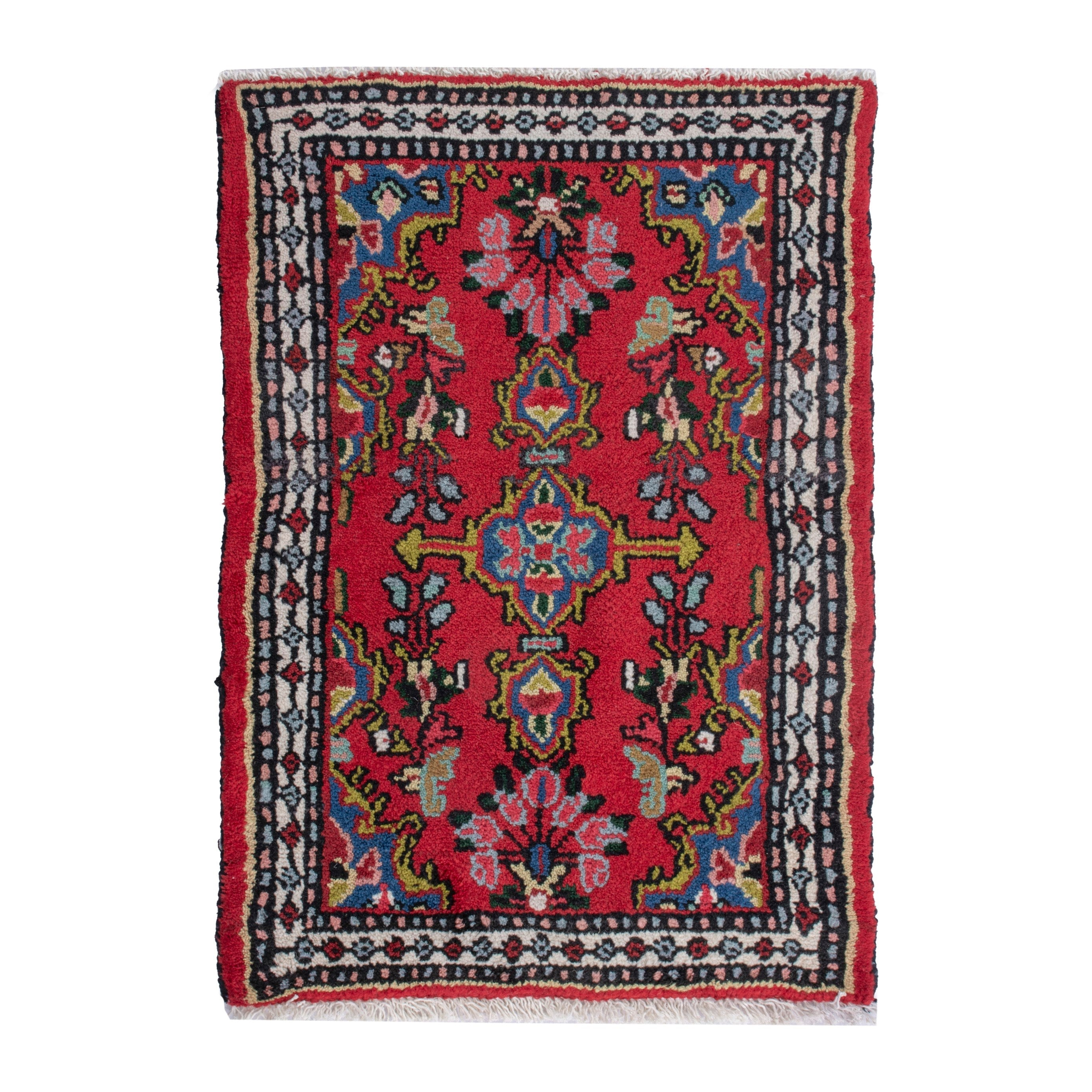 Persian Hamedan accent rug in deep red and dark blue, 1'8" x 2'7"