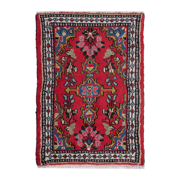 Persian Hamedan accent rug in deep red and dark blue, 1'8" x 2'7"