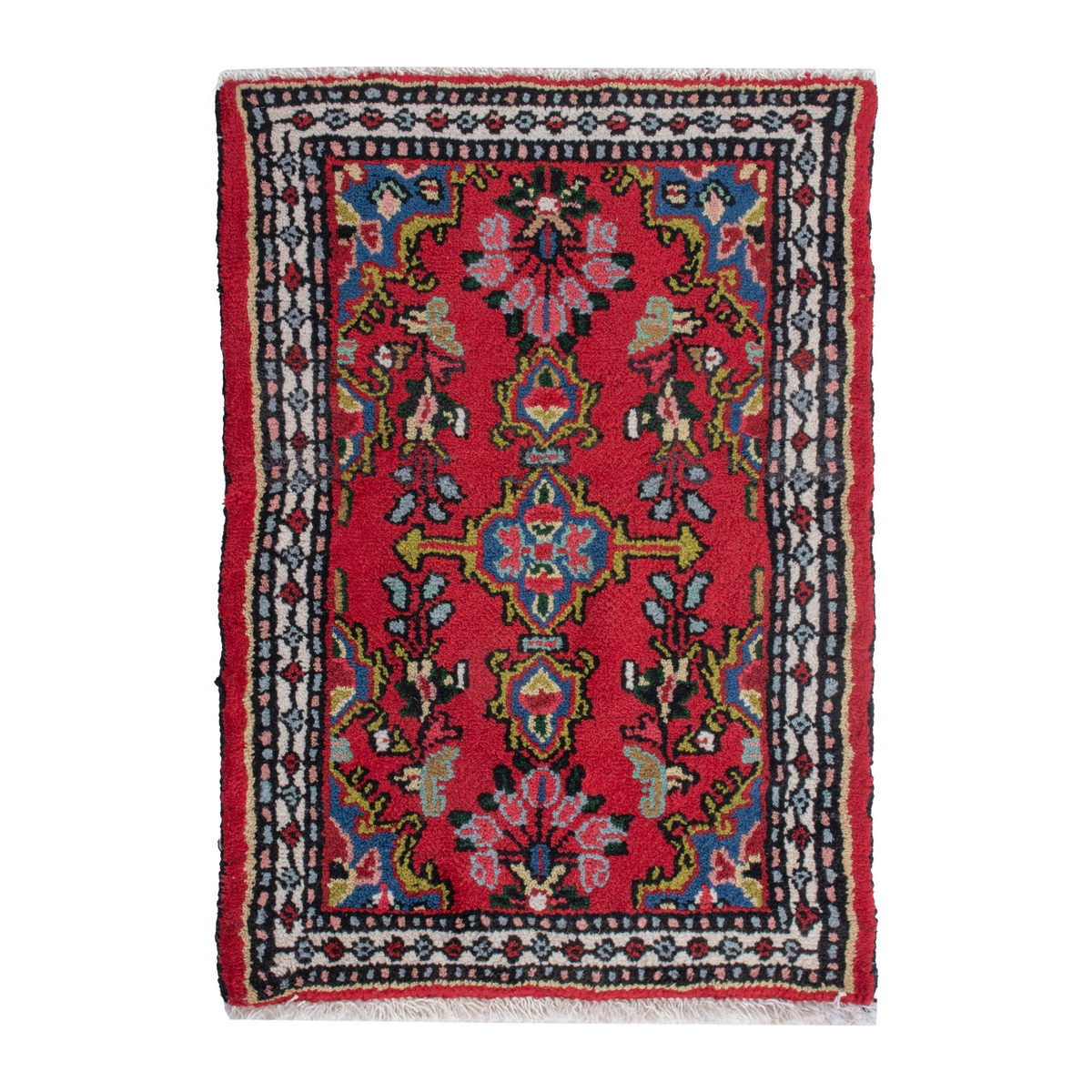 Persian Hamedan accent rug in deep red and dark blue, 1'8" x 2'7"