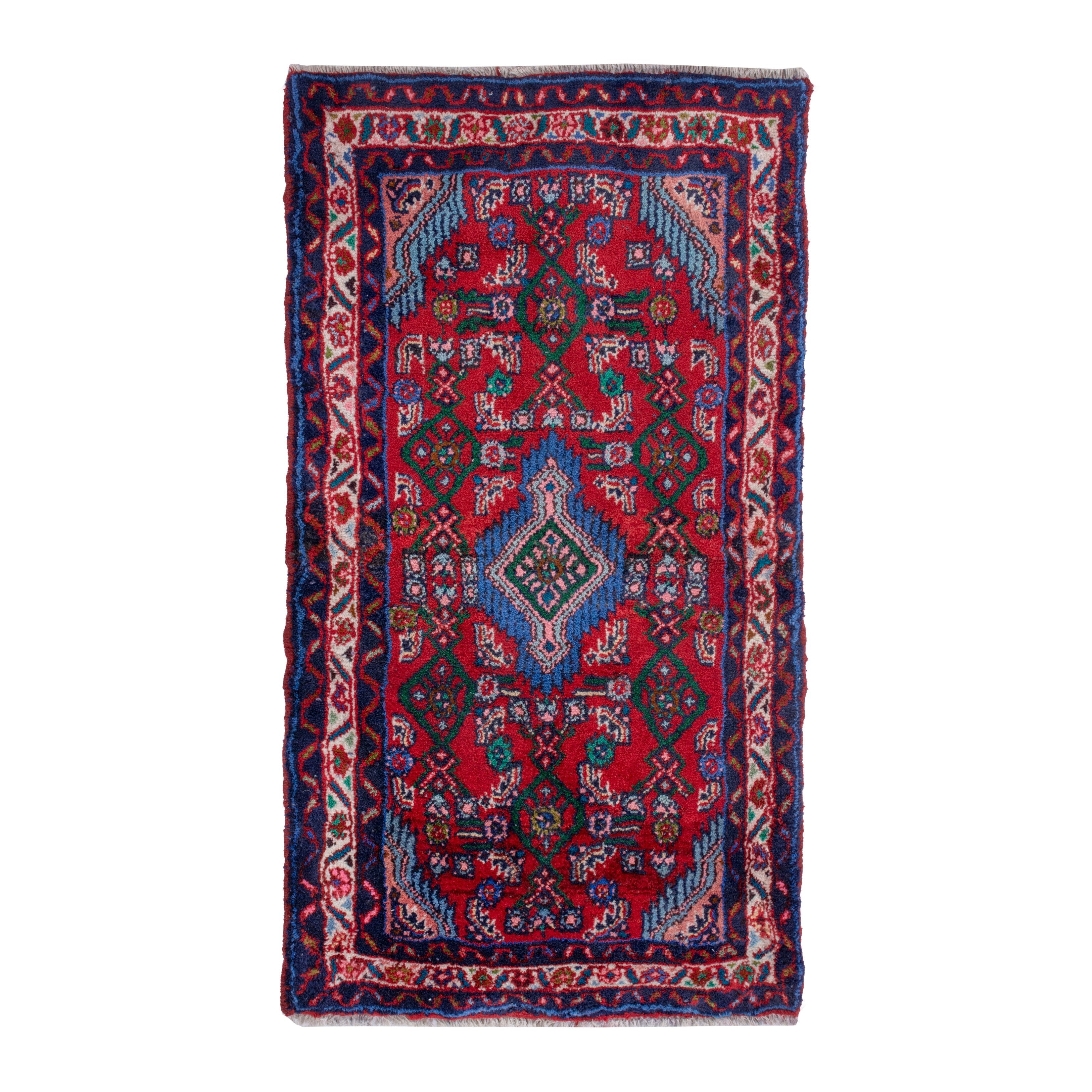 Persian Hamedan accent rug in deep red and faded red, 2' x 3'7"