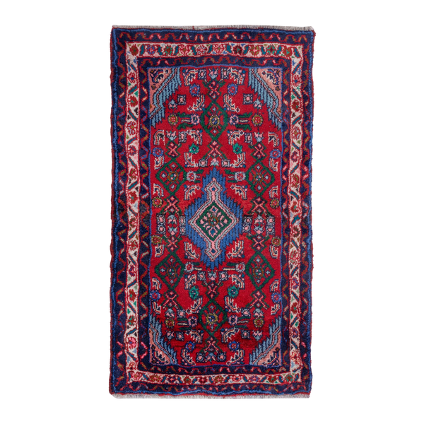 Persian Hamadan accent rug in deep red and faded red, 2' x 3'7"