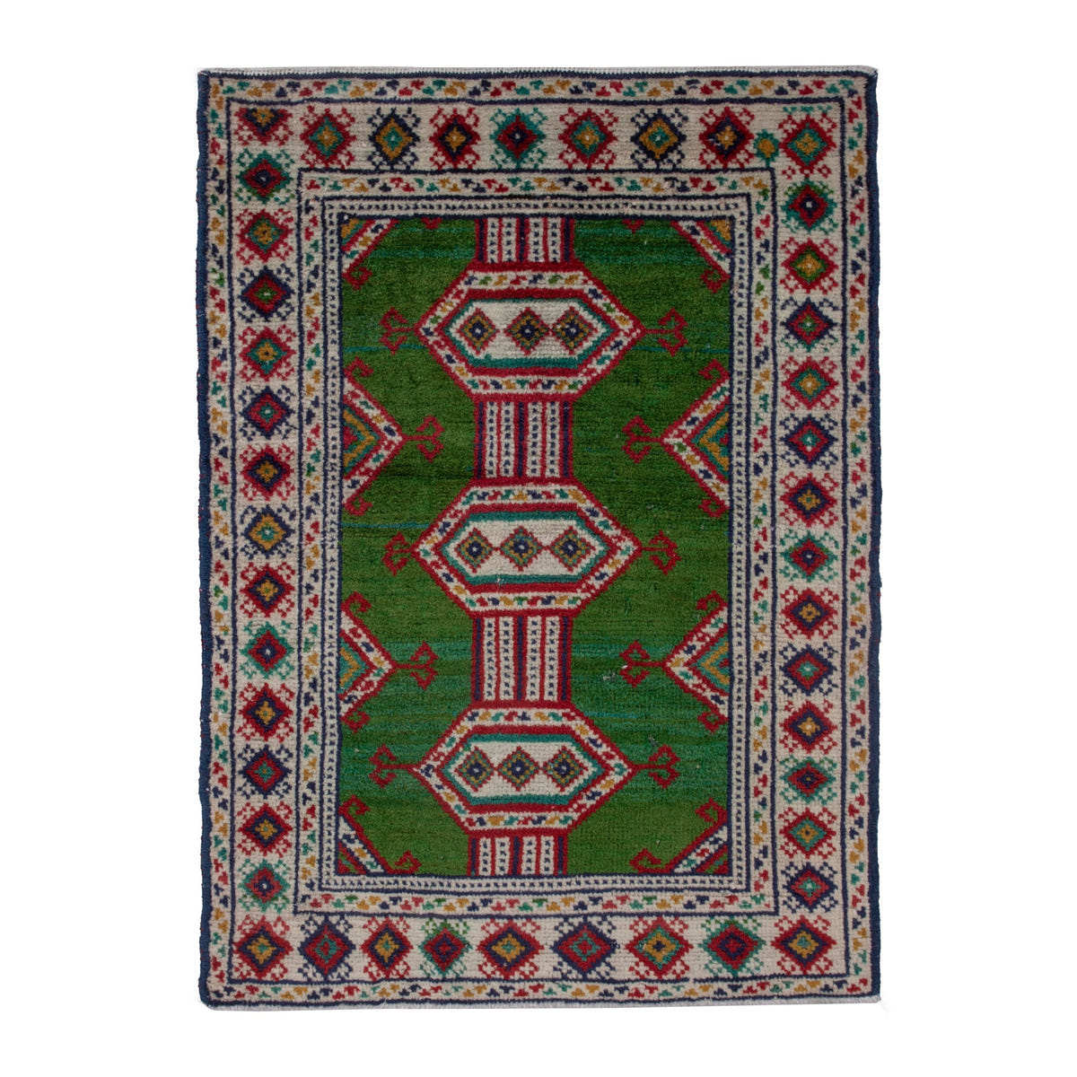 Persian Torkaman accent rug in emerald and cream, 2'1" x 2'11"