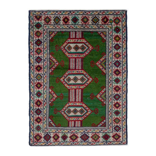 Persian Torkaman accent rug in emerald and cream, 2'1" x 2'11"
