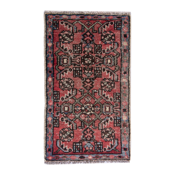 Persian Hamadan accent rug in faded red and navy, 1'3" x 2'