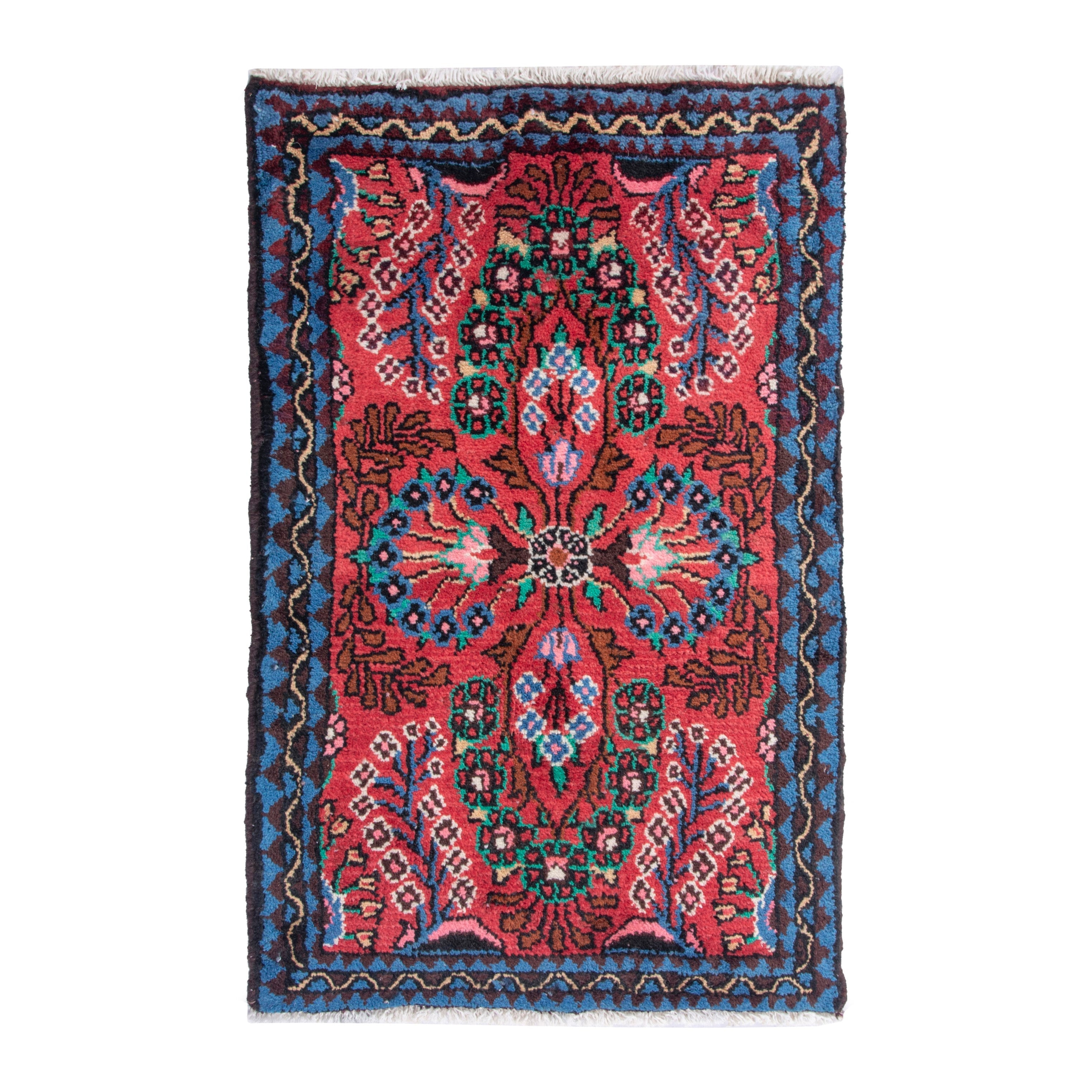 Persian Hamedan accent rug in deep red and dark blue, 1'8" x 2'9"