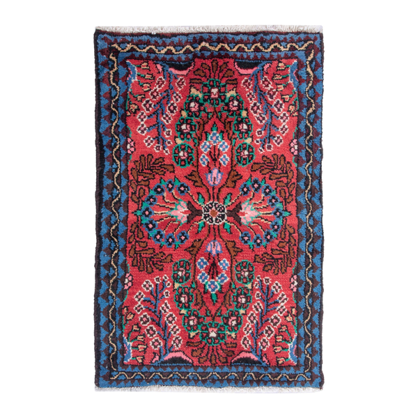 Persian Hamedan accent rug in deep red and dark blue, 1'8" x 2'9"