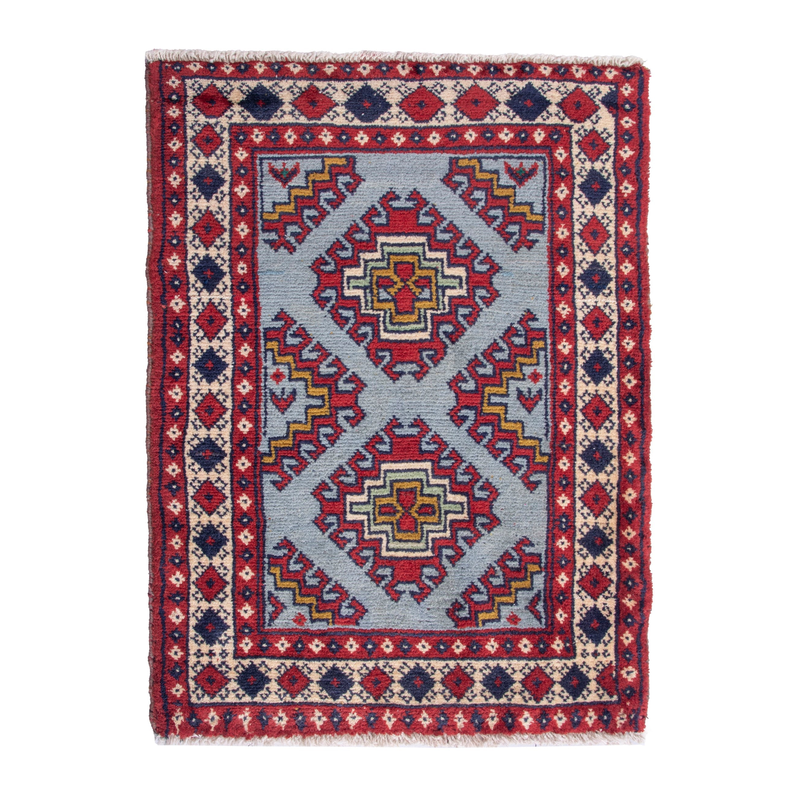 Persian Torkaman accent rug in deep red and powder blue, 2'2" x 3'1"