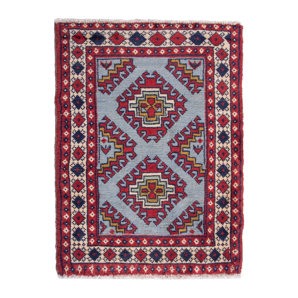 Persian Torkaman accent rug in deep red and powder blue, 2'2" x 3'1"