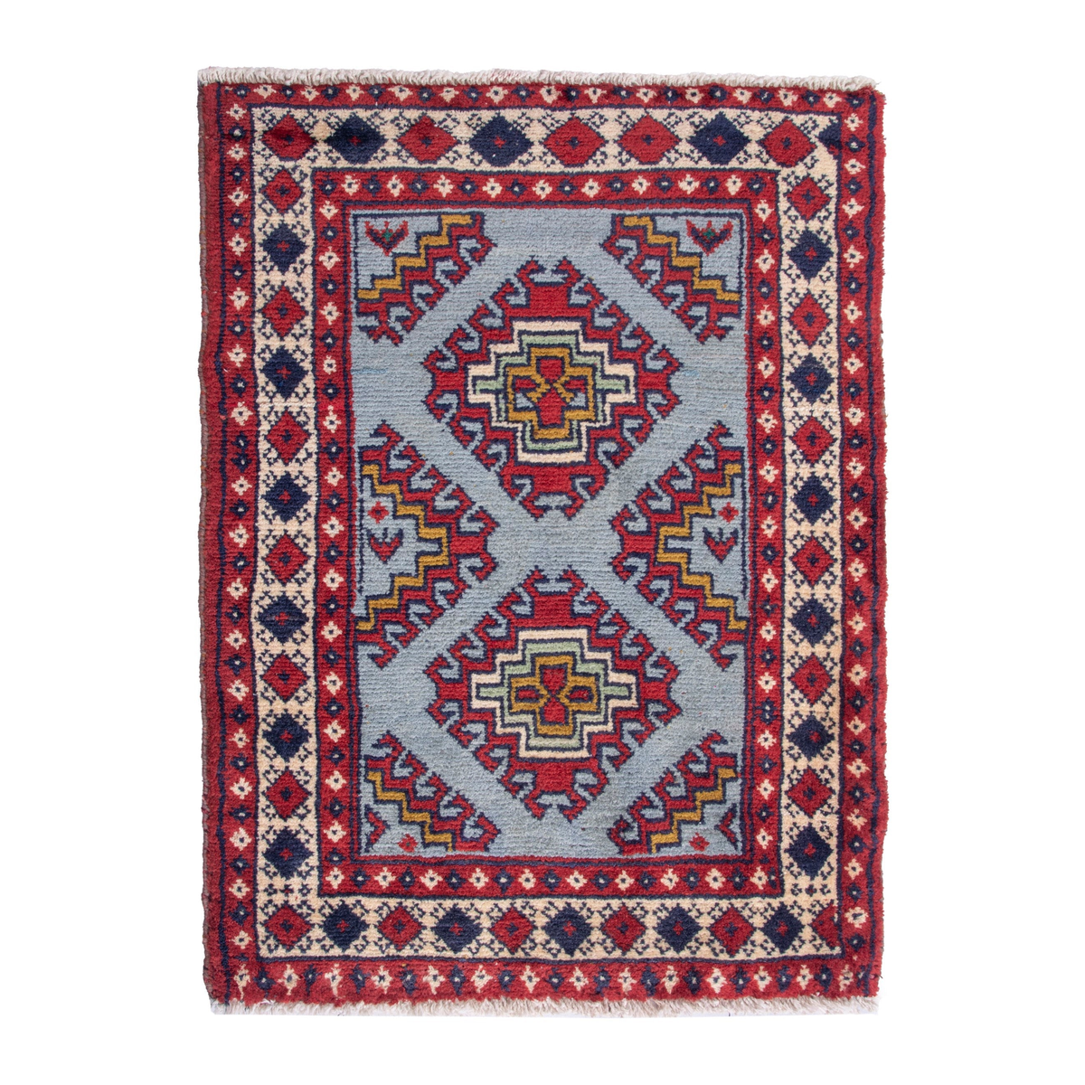 Persian Torkaman accent rug in deep red and powder blue, 2'2" x 3'1"