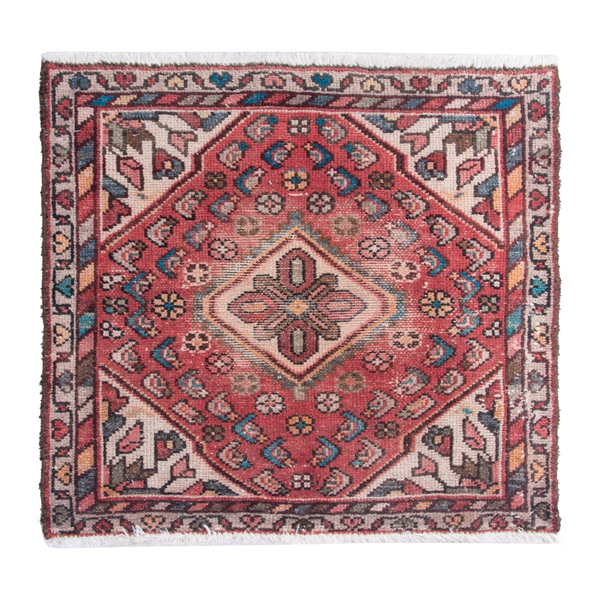 Persian Hamadan accent rug in faded red and muted pink, 2'4" x 2'