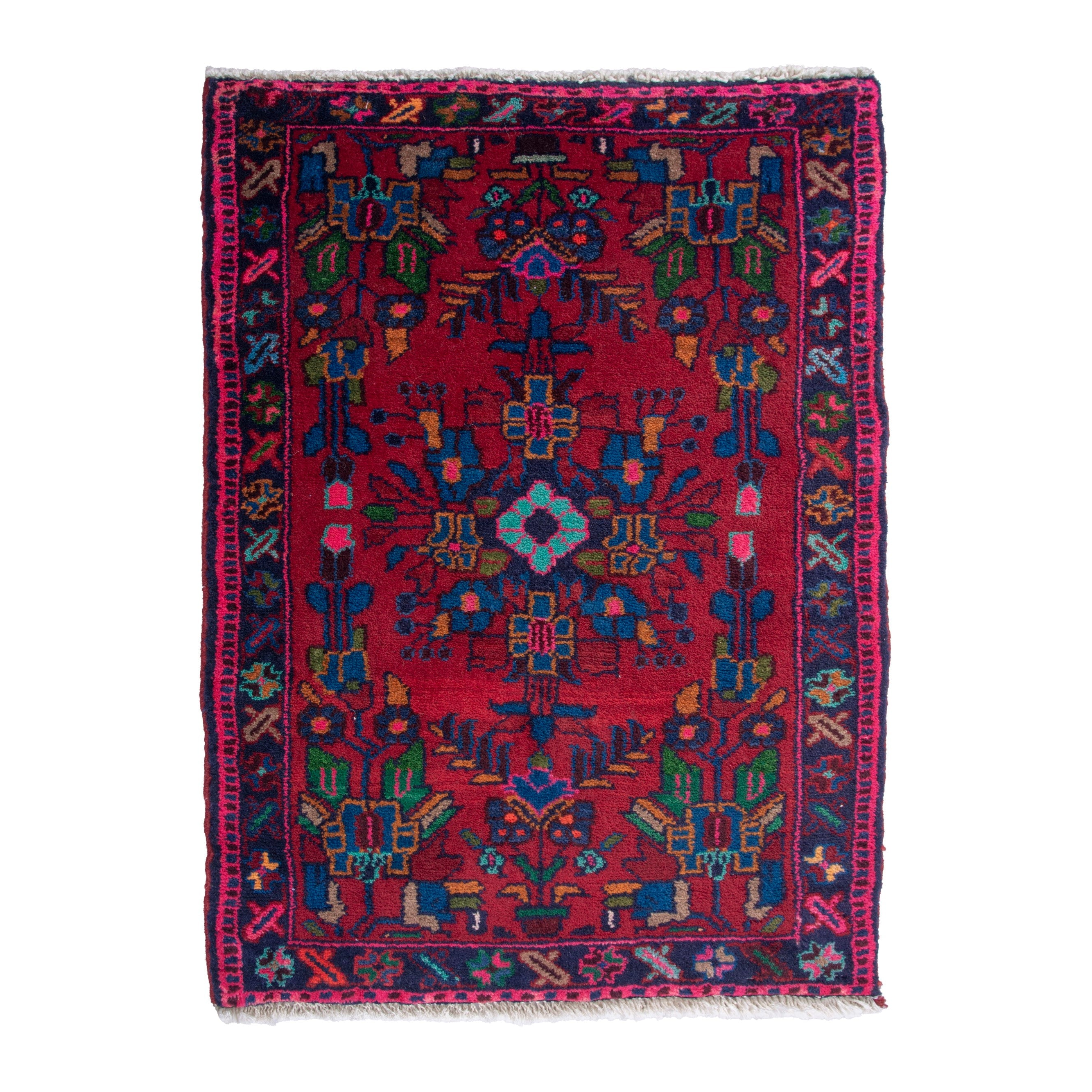 Persian Hamedan accent rug in deep red and dark blue, 2'2" x 2'11"