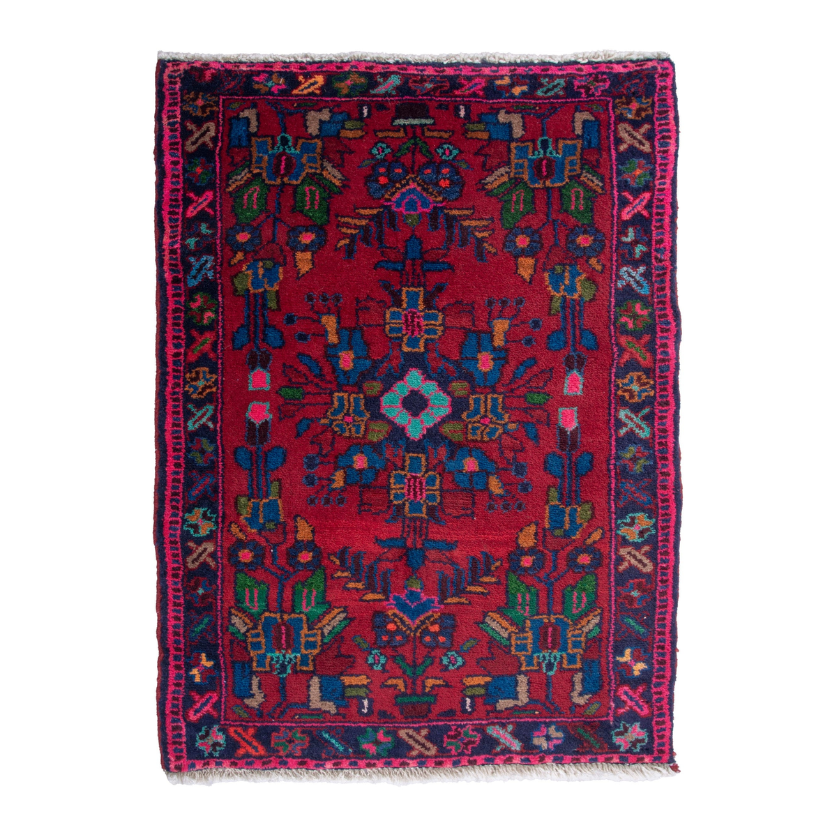 Persian Hamedan accent rug in deep red and dark blue, 2'2" x 2'11"