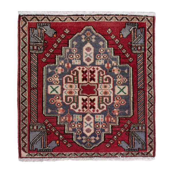 Persian Shiraz accent rug in deep red and navy, 2'2" x 2'2"