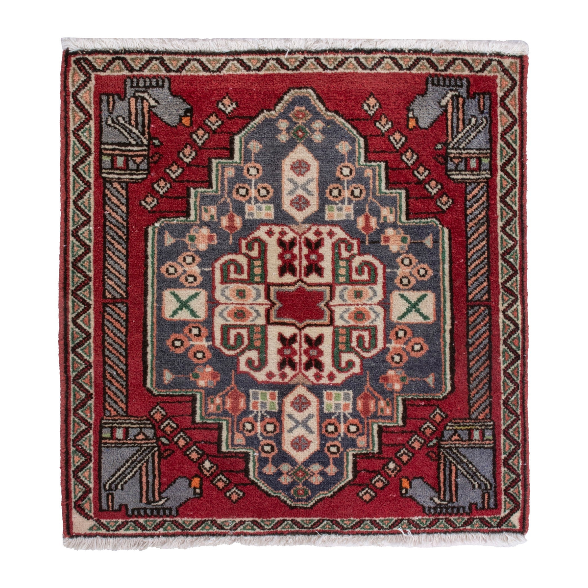 Persian Shiraz accent rug in deep red and navy, 2'2" x 2'2"