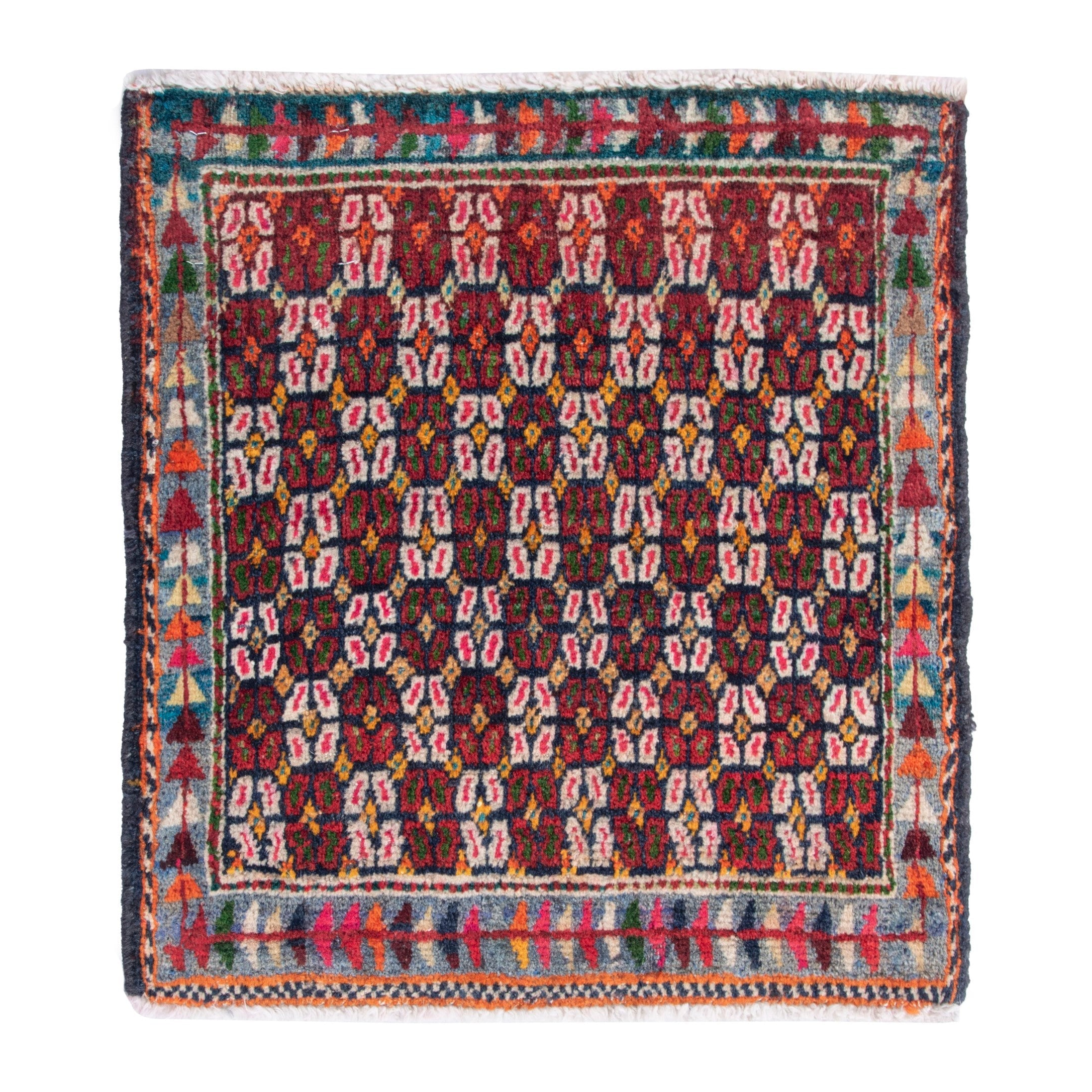 Persian Shiraz accent rug in burgundy and muted pink, 1'8" x 1'8"