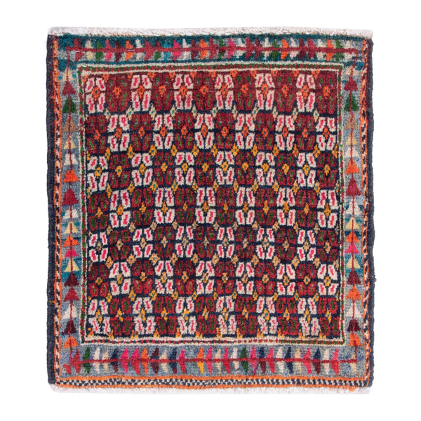 Persian Shiraz accent rug in burgundy and muted pink, 1'8" x 1'8"