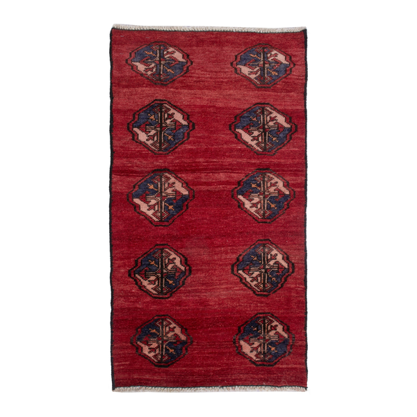 Persian Torkaman accent rug in deep red and dark blue, 2'3" x 3'11"