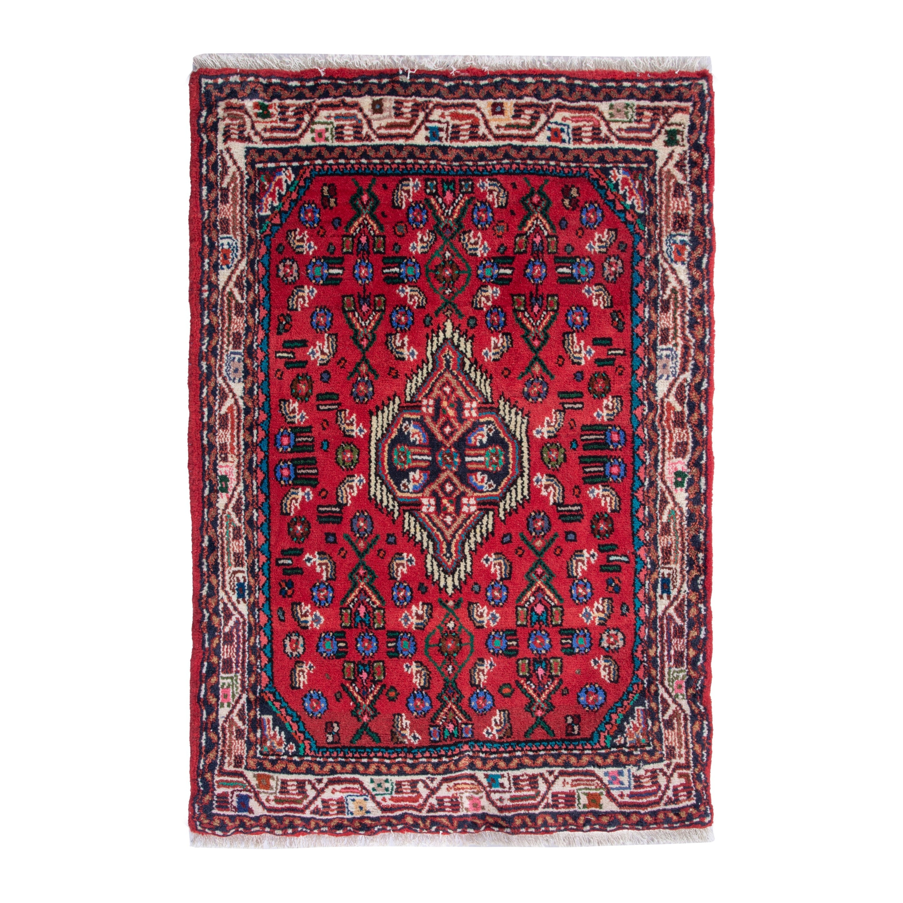 Persian Hamedan accent rug in deep red and cream, 2'2" x 3'1"