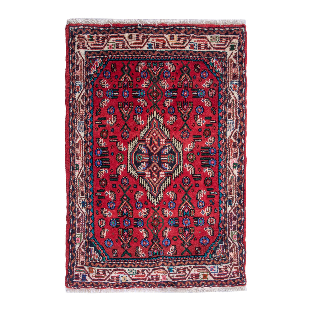 Persian Hamedan accent rug in deep red and cream, 2'2" x 3'1"