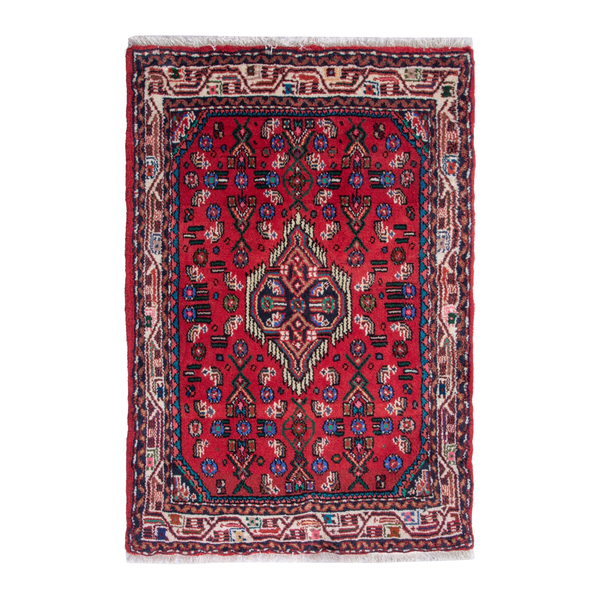Persian Hamadan accent rug in deep red and cream, 2'2" x 3'1"
