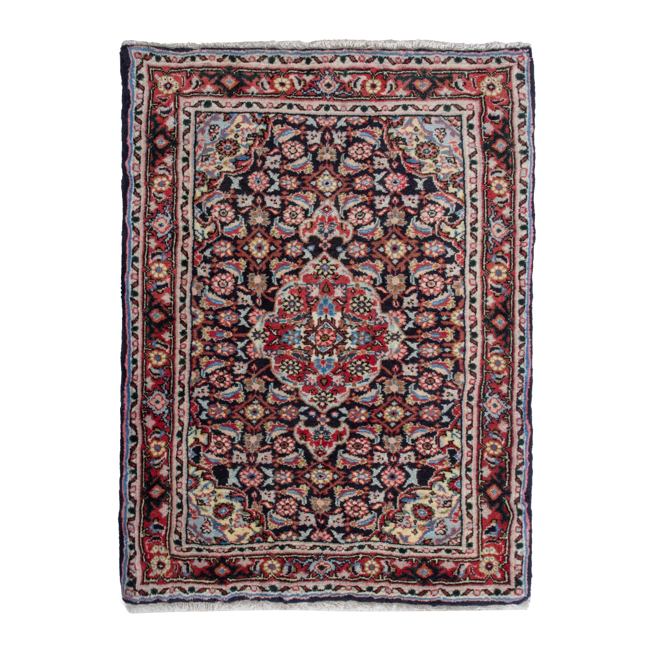 Persian Hamedan accent rug in navy and deep red, 2'3" x 2'11"