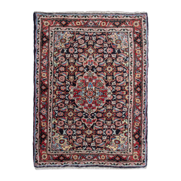 Persian Hamadan accent rug in navy and deep red, 2'3" x 2'11"