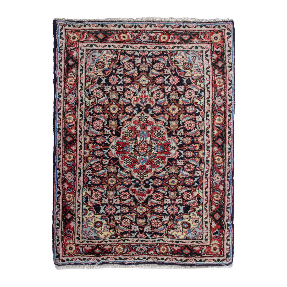Persian Hamedan accent rug in navy and deep red, 2'3" x 2'11"