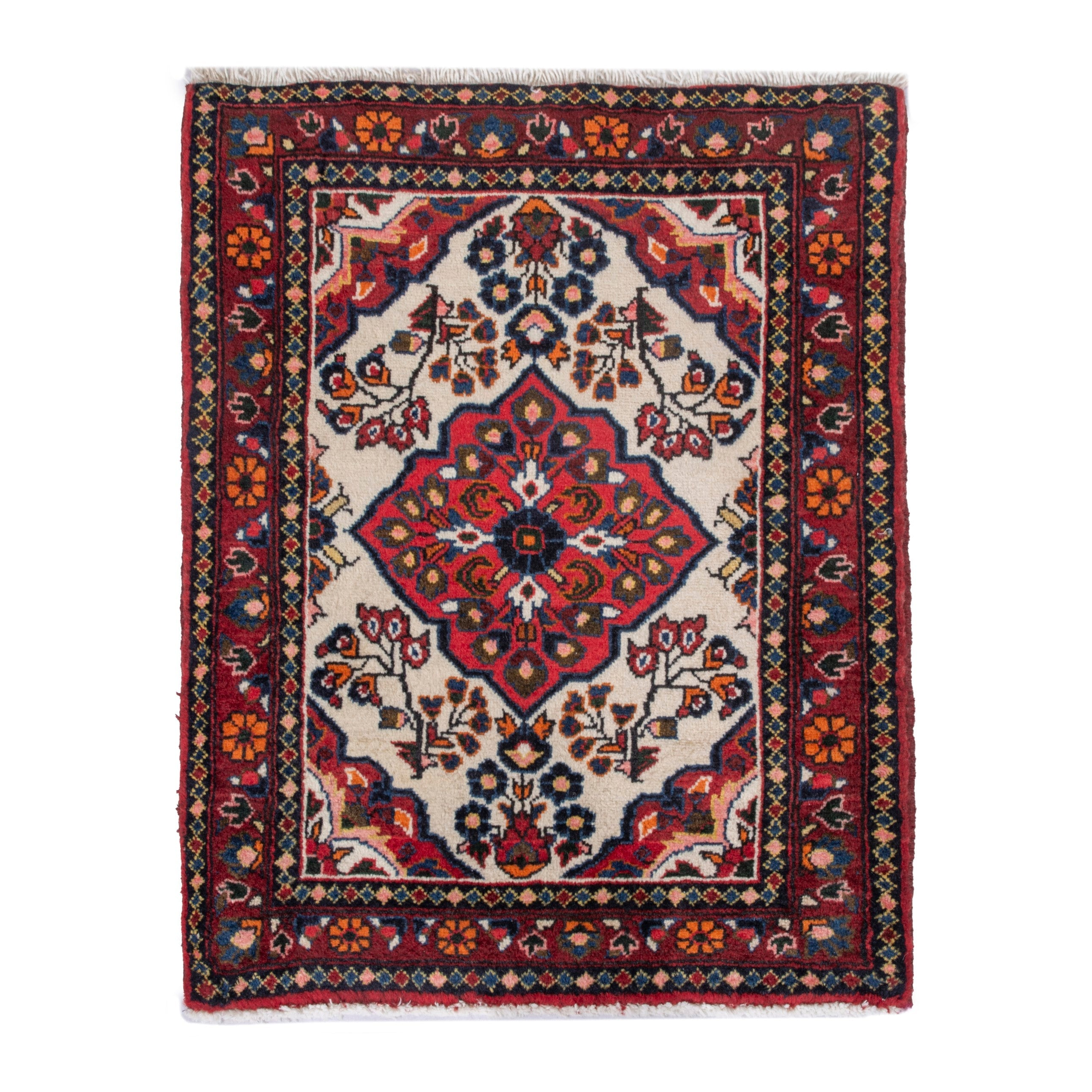 Persian Hamedan accent rug in cream and deep red, 3'3" x 2'7"
