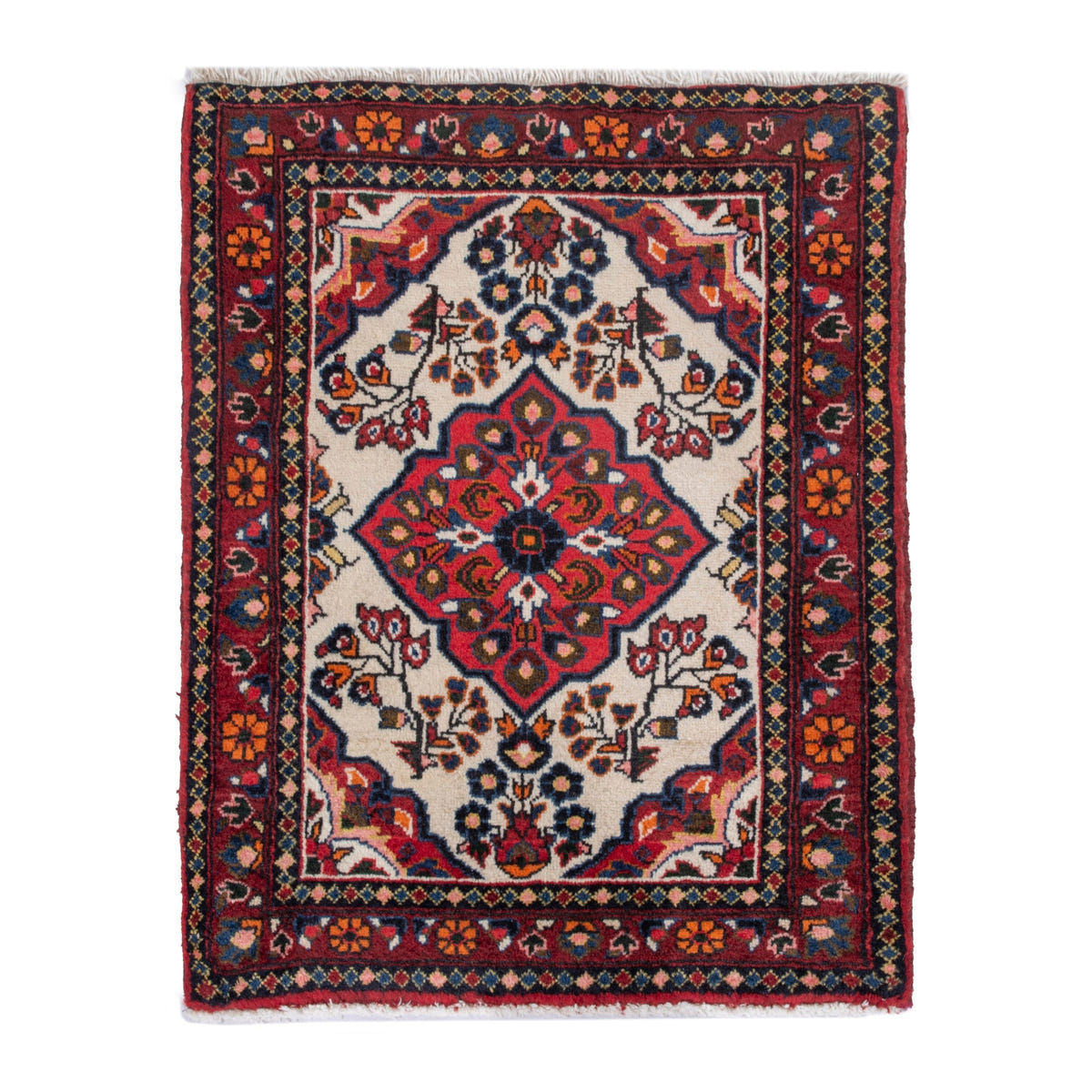 Persian Hamedan accent rug in cream and deep red, 3'3" x 2'7"