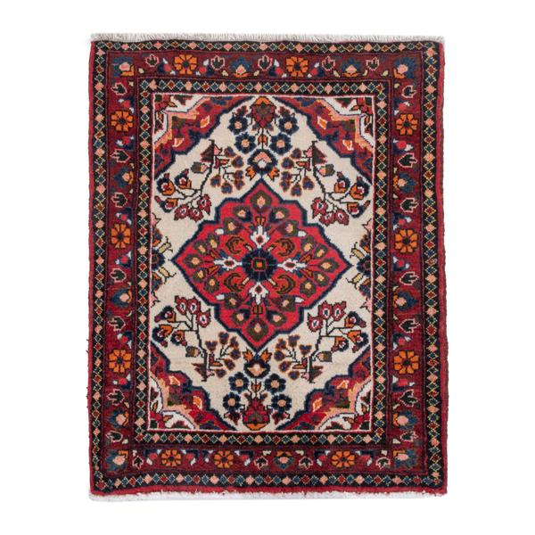 Persian Hamadan accent rug in cream and deep red, 3'3" x 2'7"