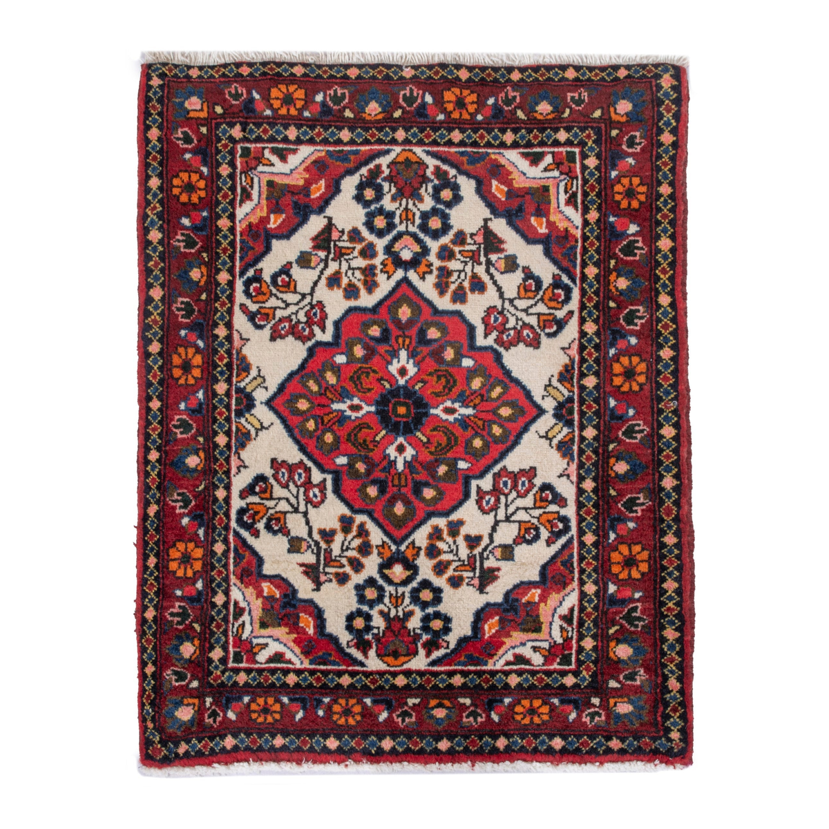 Persian Hamedan accent rug in cream and deep red, 3'3" x 2'7"