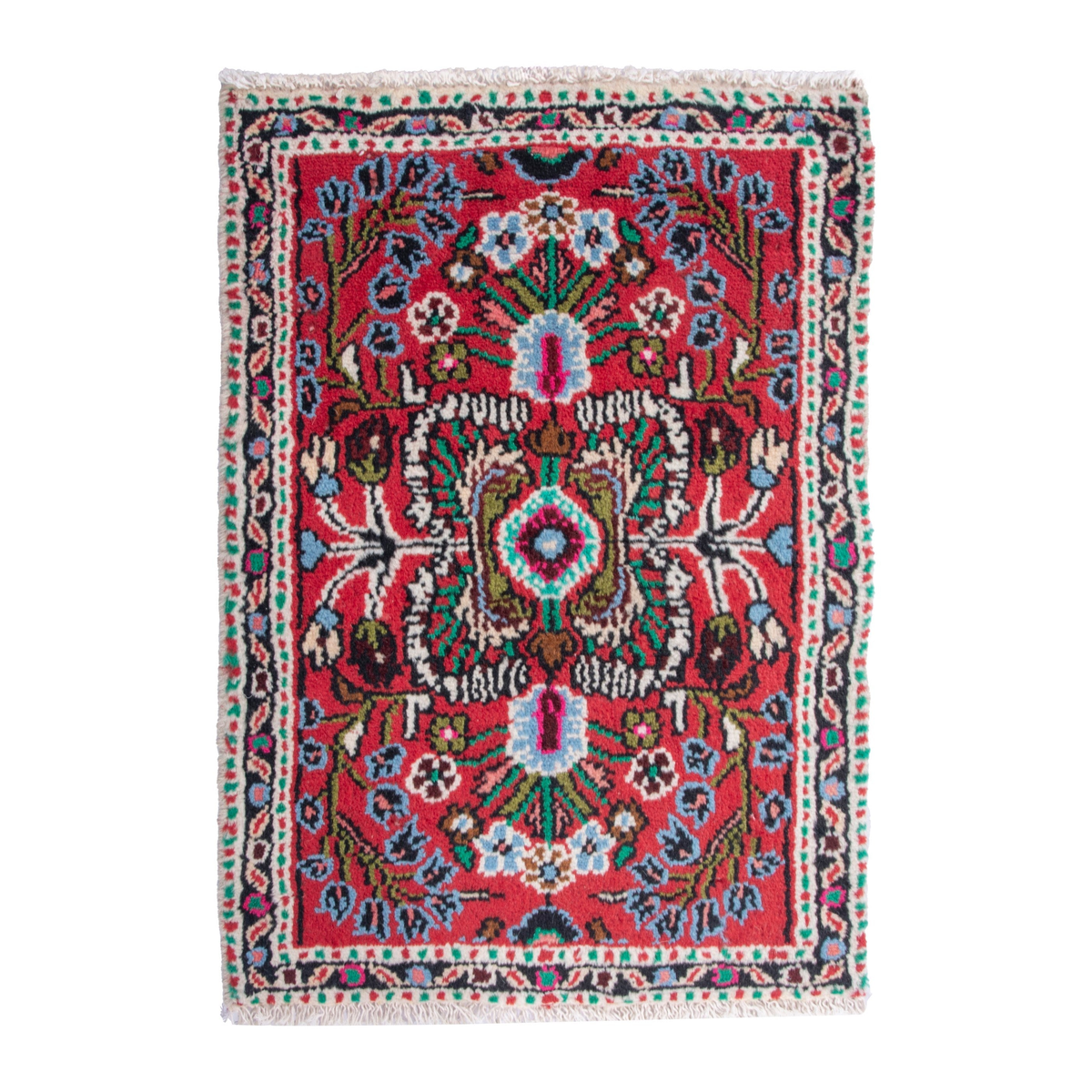 Persian Hamedan accent rug in deep red and navy, 1'8" x 2'6"