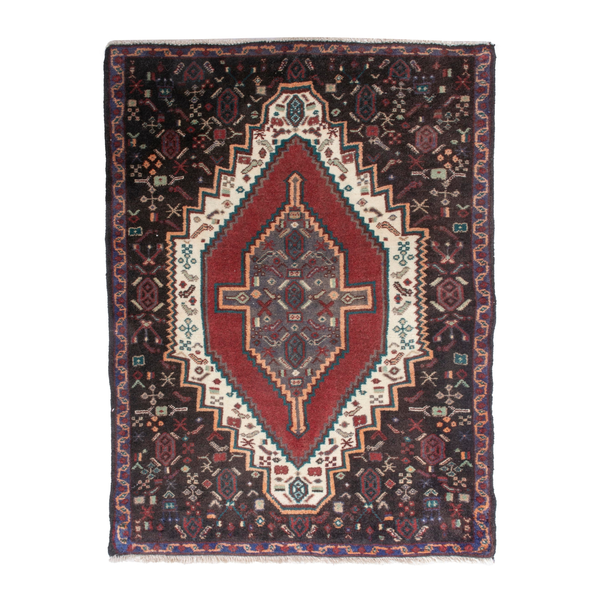 Persian Sanandaj accent rug in deep red and dark brown, 2'7" x 3'4"