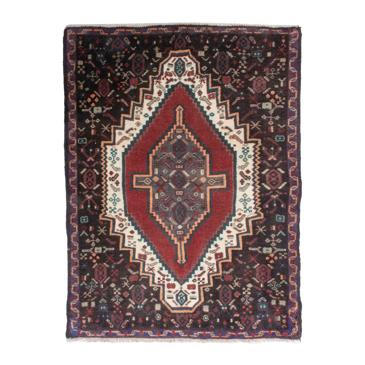 Persian Sanandaj accent rug in deep red and dark brown, 2'7" x 3'4"