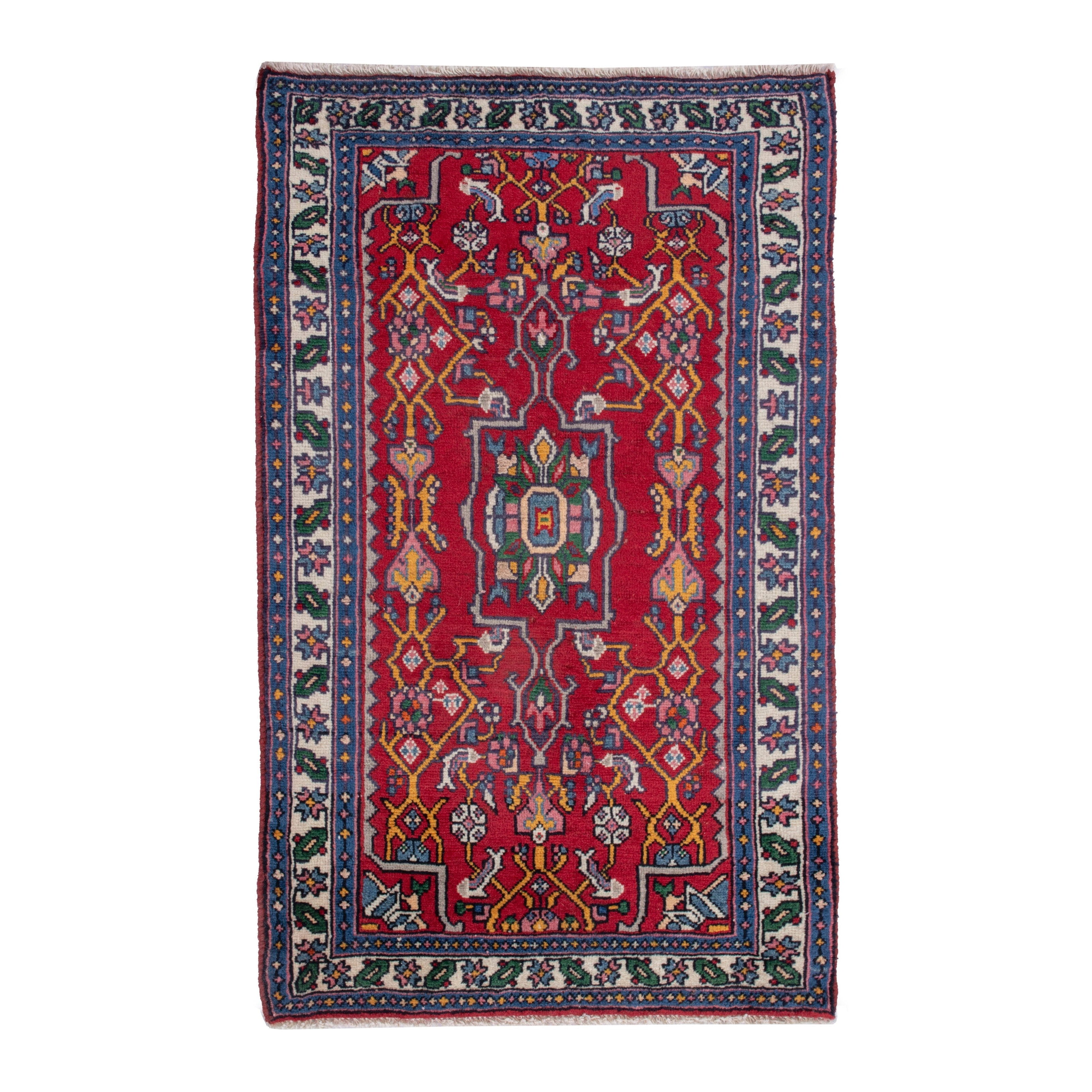 Persian Hamedan accent rug in deep red and navy, 2' x 3'1"