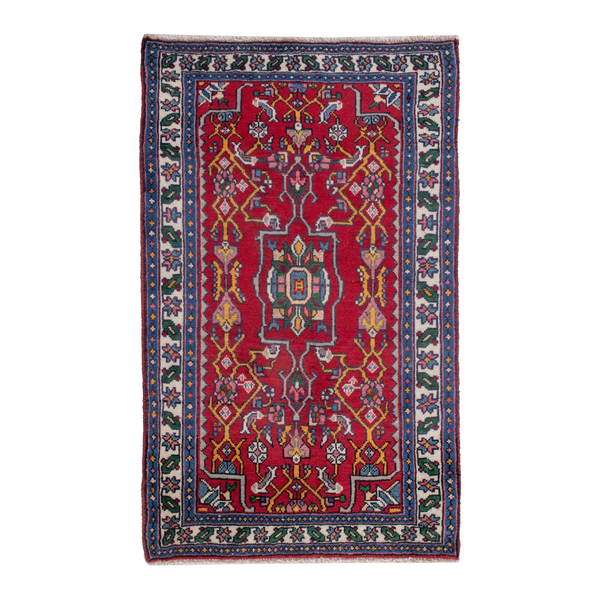 Persian Hamedan accent rug in deep red and navy, 2' x 3'1"
