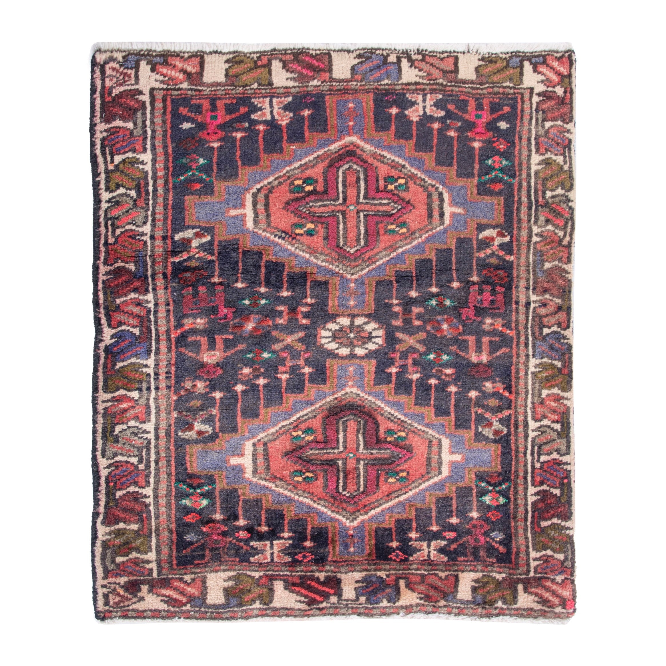 Persian Gharajeh accent rug in deep indigo and burgundy, 2' x 2'5"