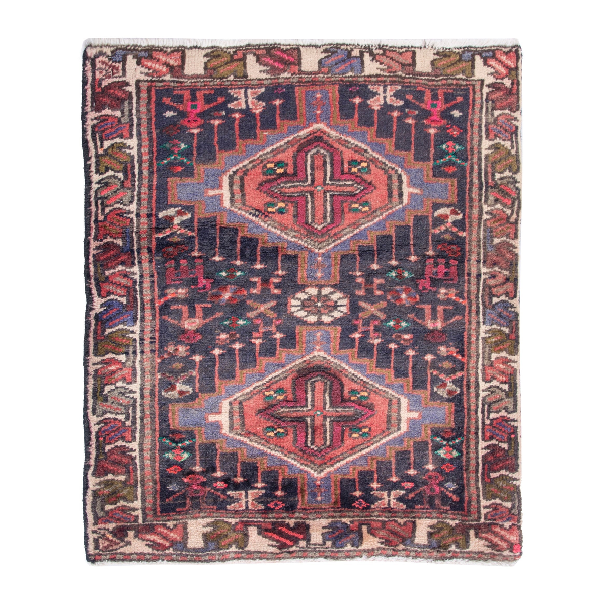 Persian Gharajeh accent rug in deep indigo and burgundy, 2' x 2'5"