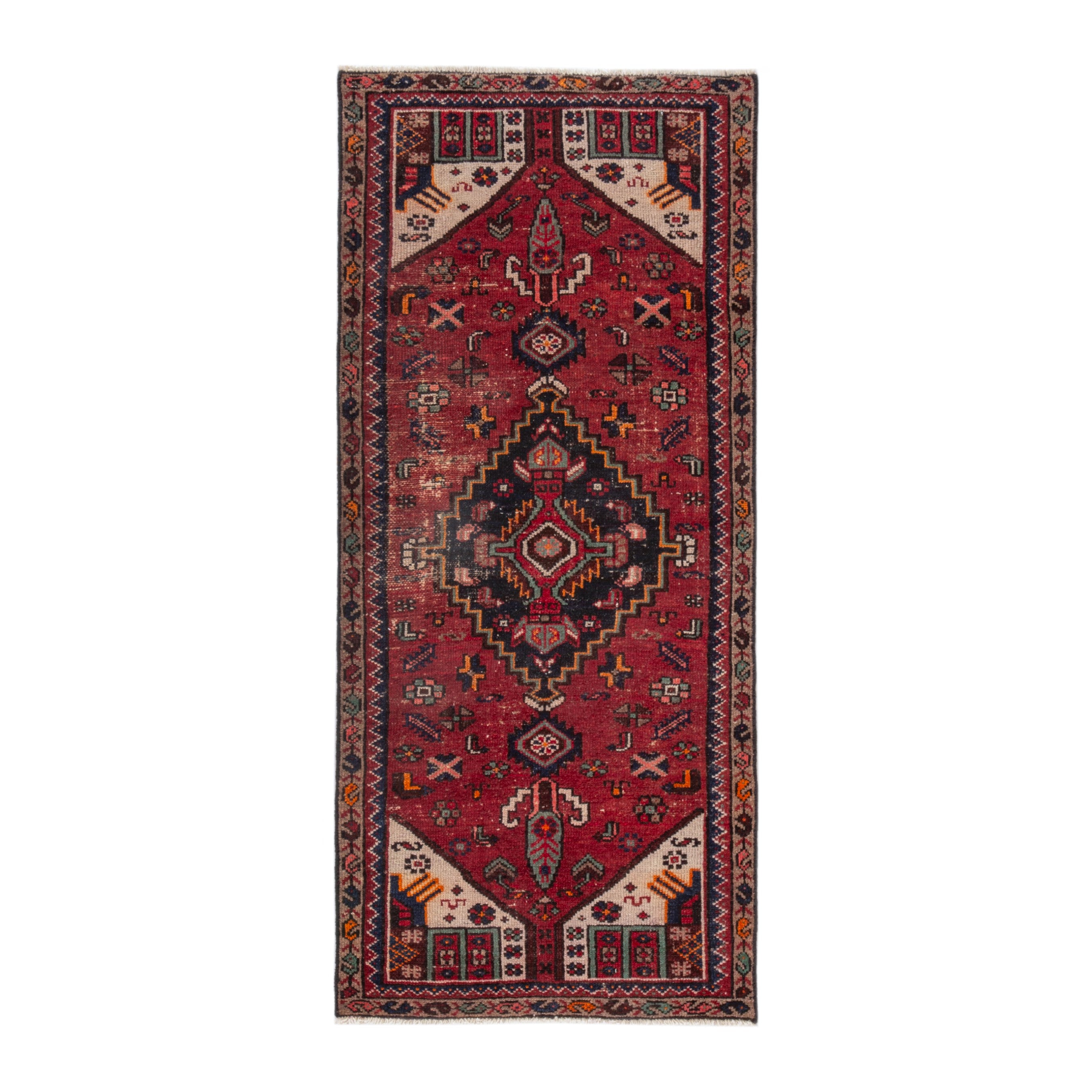 Persian Zanjan runner rug in deep red and navy, 2'10" x 6'4"