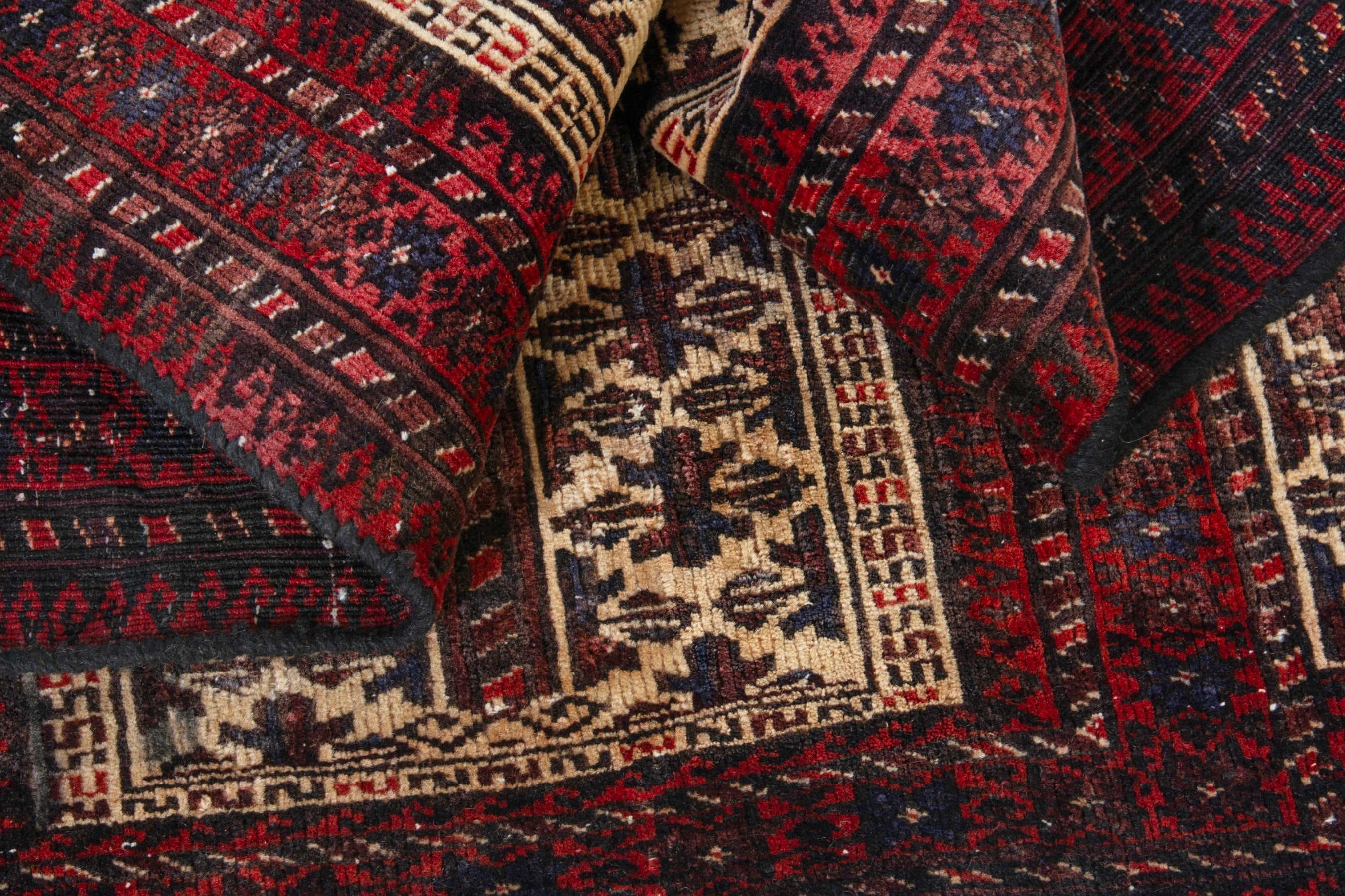 Persian Baluch accent rug in cream and burgundy, view 13 of 16