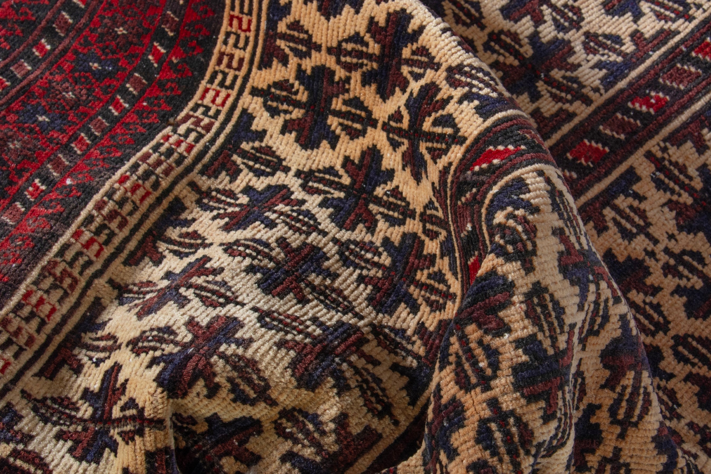 Persian Baluch accent rug in cream and burgundy, view 14 of 16