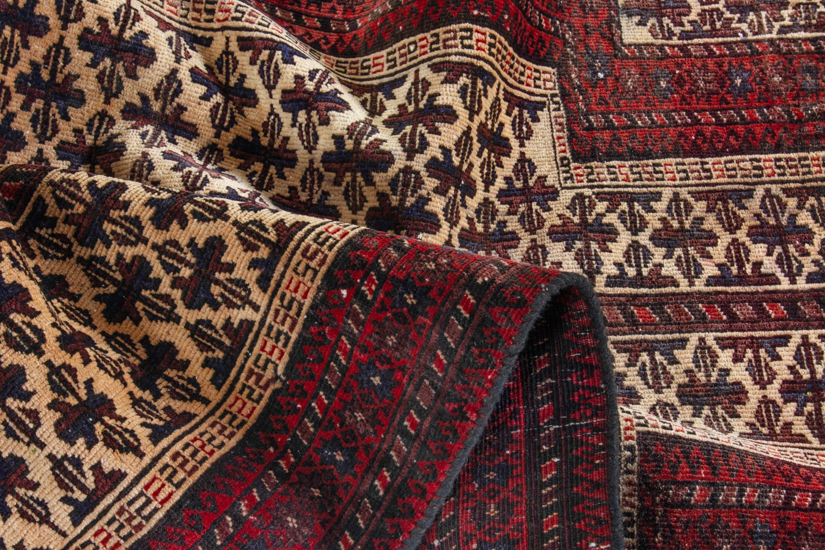 Persian Baluch accent rug in cream and burgundy, view 15 of 16