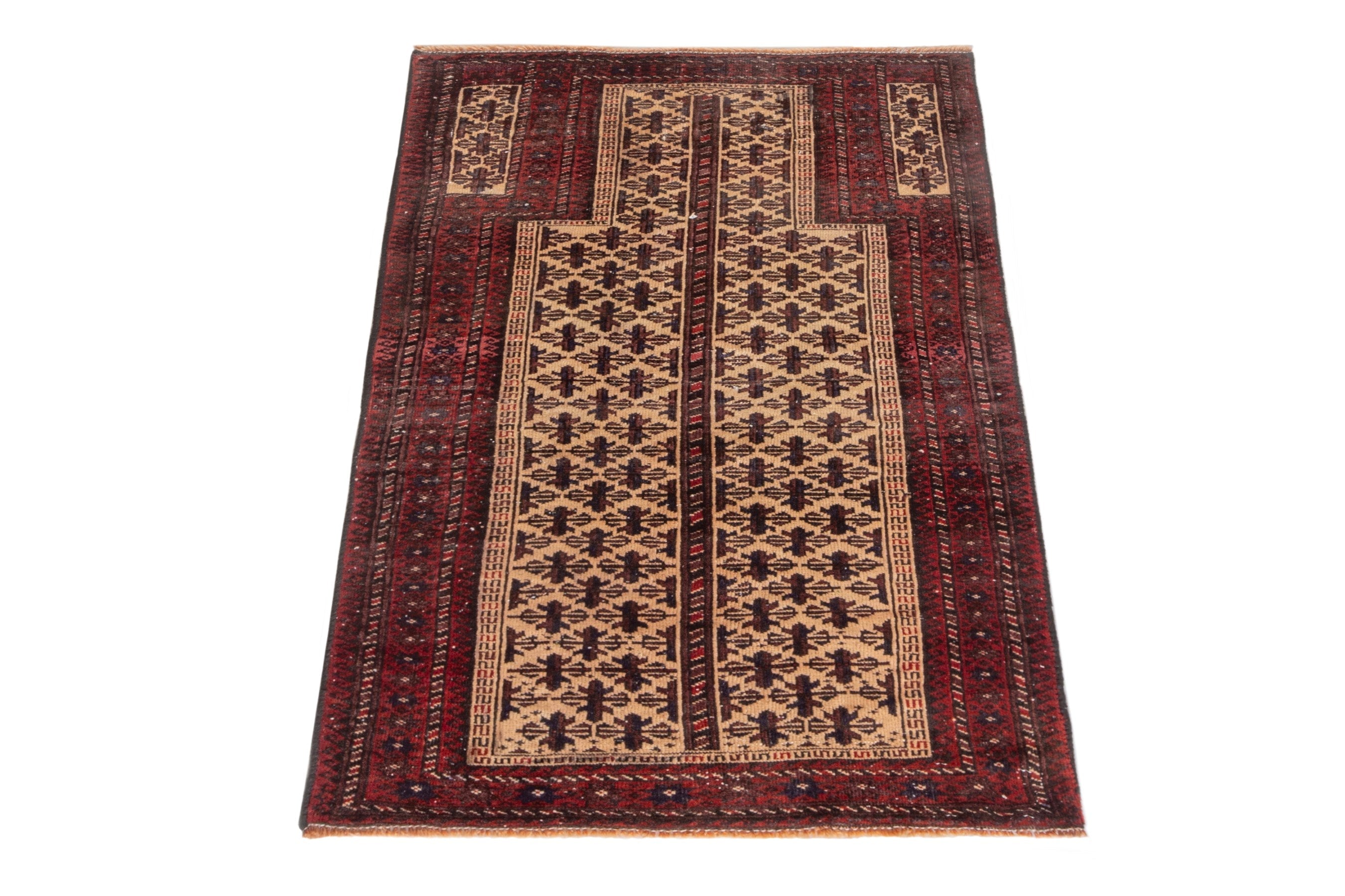 Persian Baluch accent rug in cream and burgundy, view 2 of 16