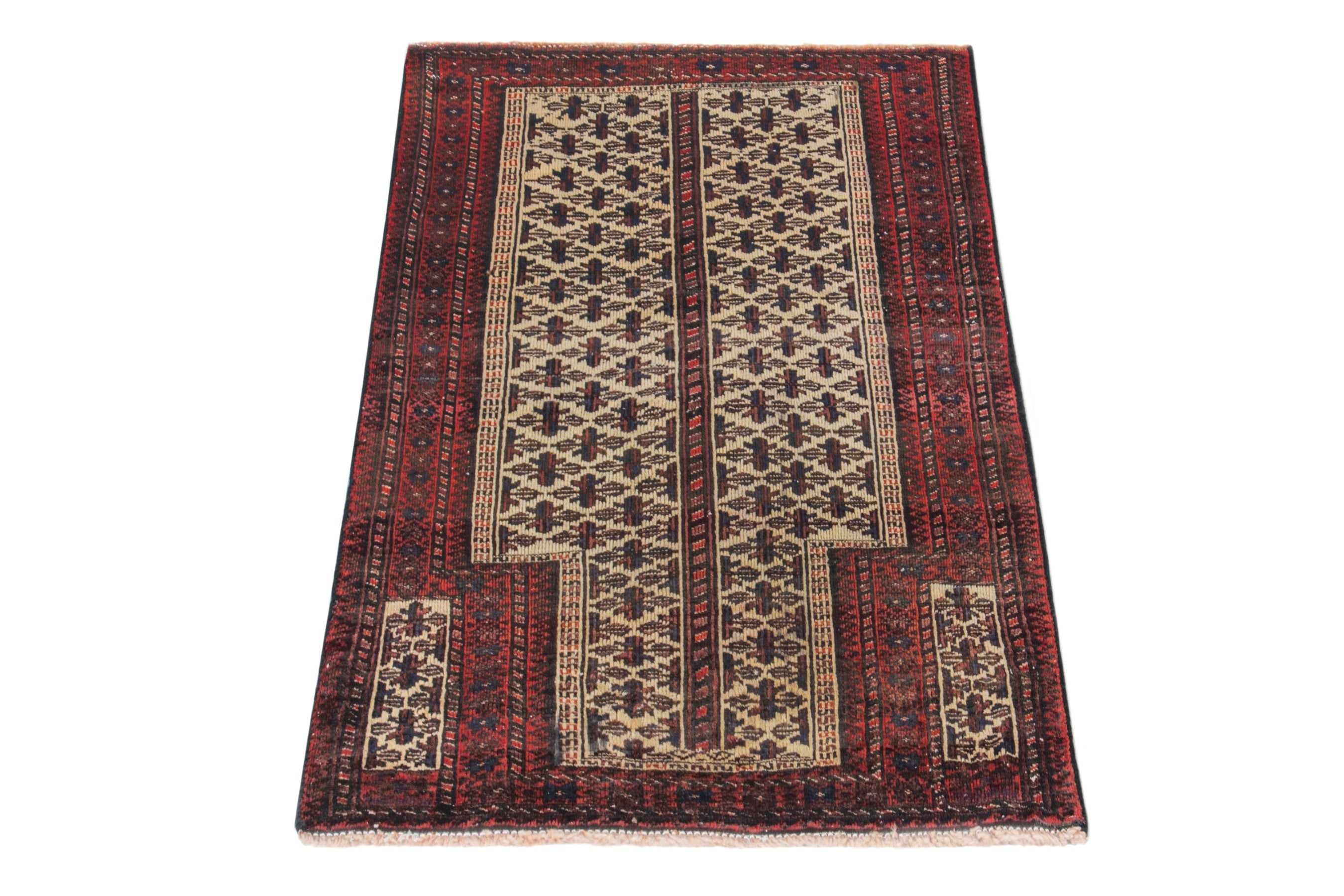 Persian Baluch accent rug in cream and burgundy, view 3 of 16