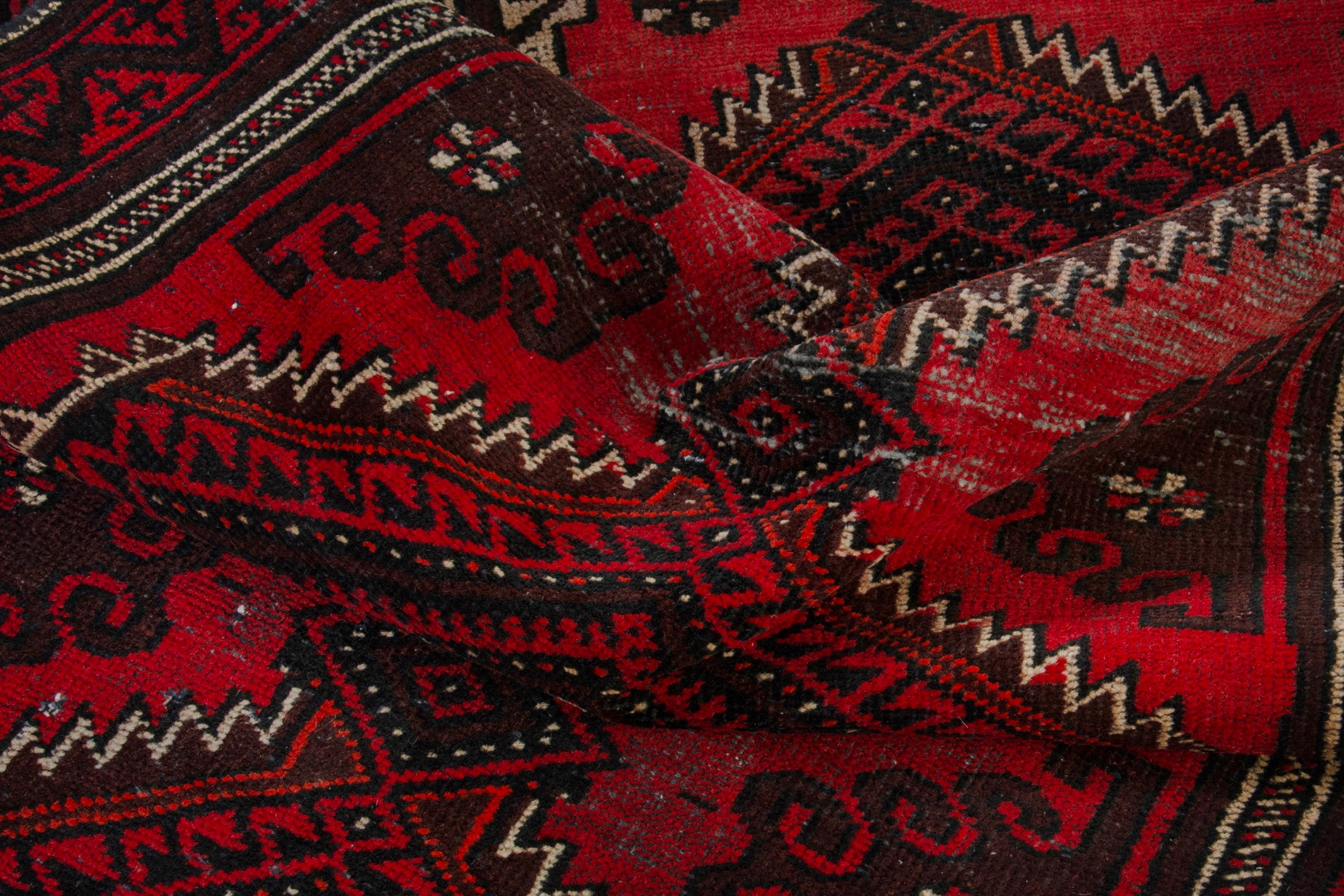 Persian Baluch accent rug in deep red and burgundy, view 16 of 17