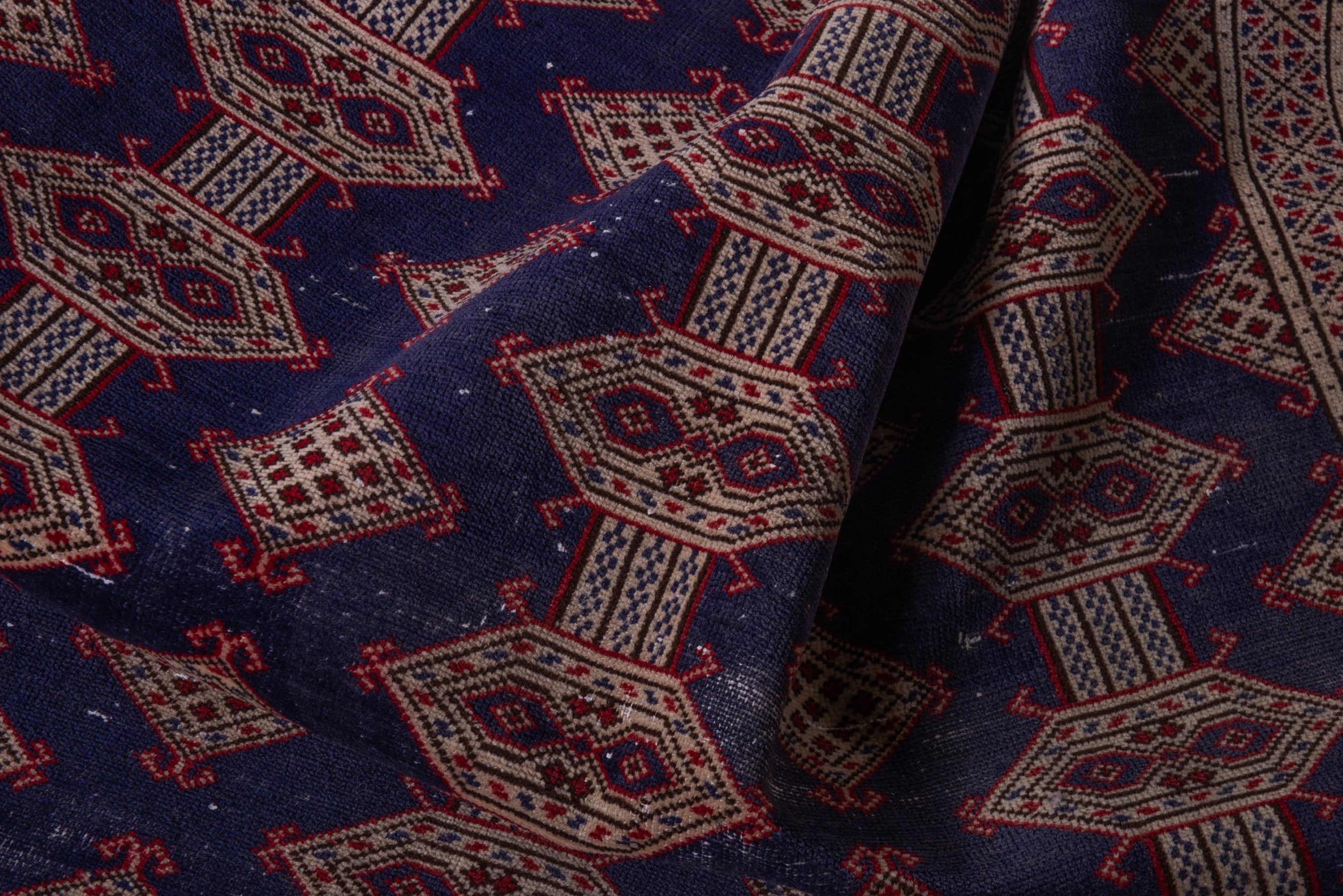 Persian Torkaman accent rug in navy and tan, view 14 of 17