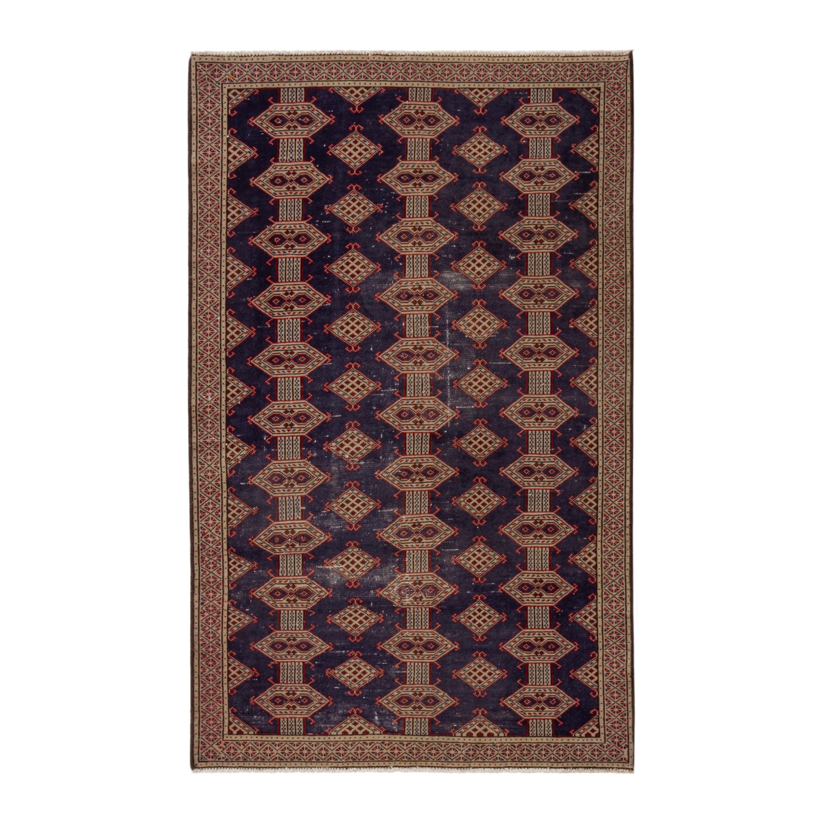 Persian Torkaman accent rug in navy and tan, 3'5" x 5'7"