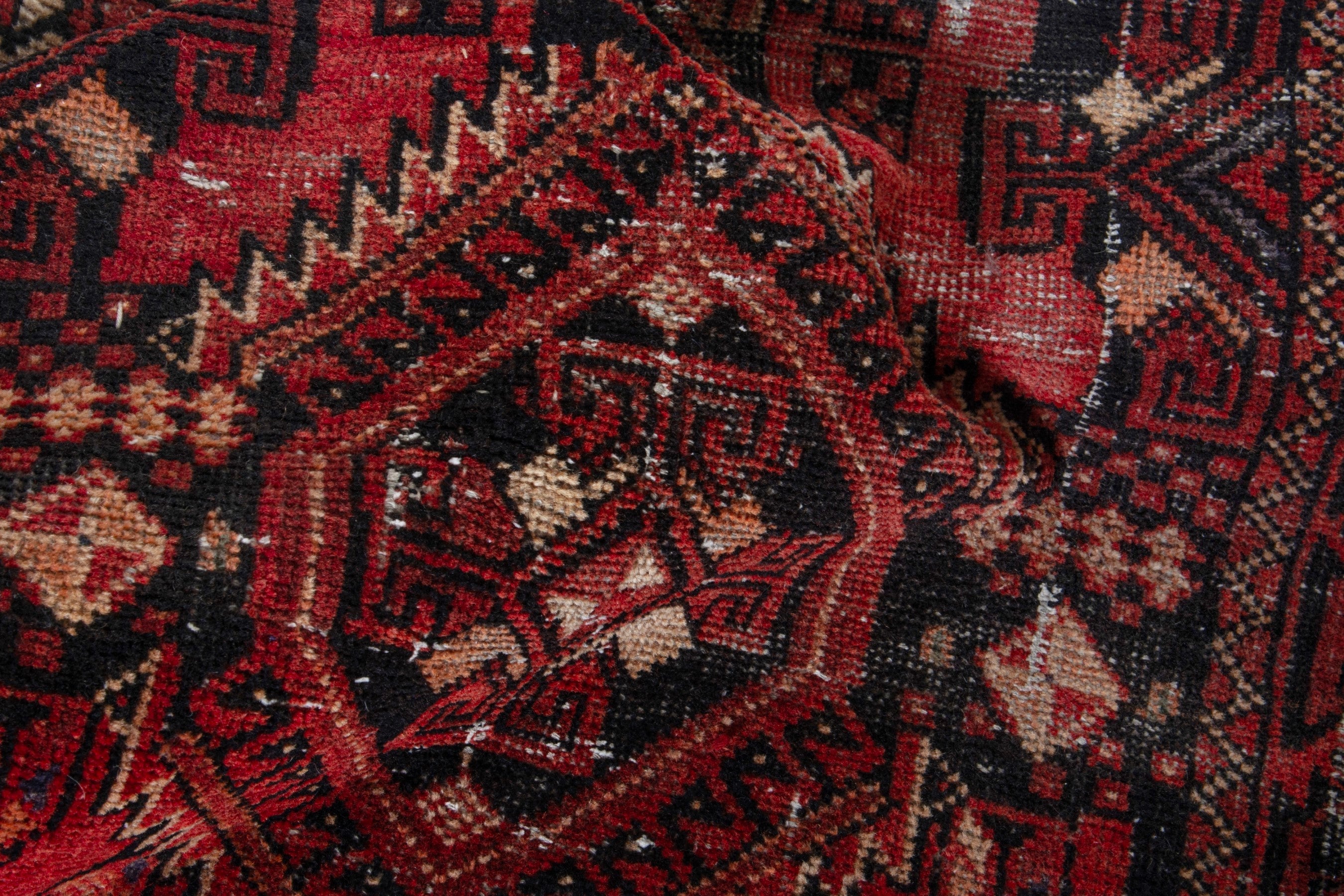 Persian Baluch accent rug in deep red and burgundy, view 16 of 17