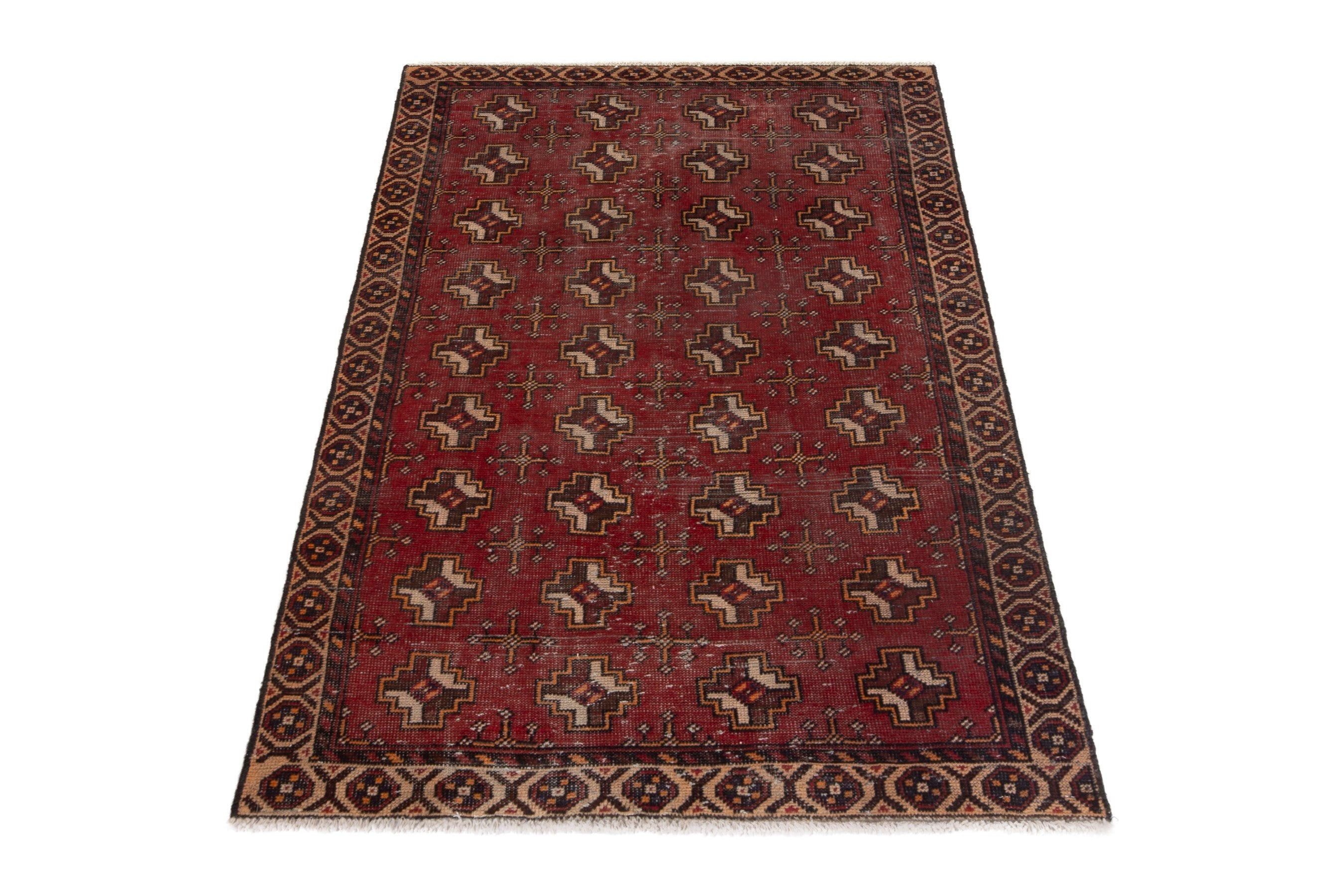 Persian Torkaman accent rug in deep red and tan, view 2 of 18